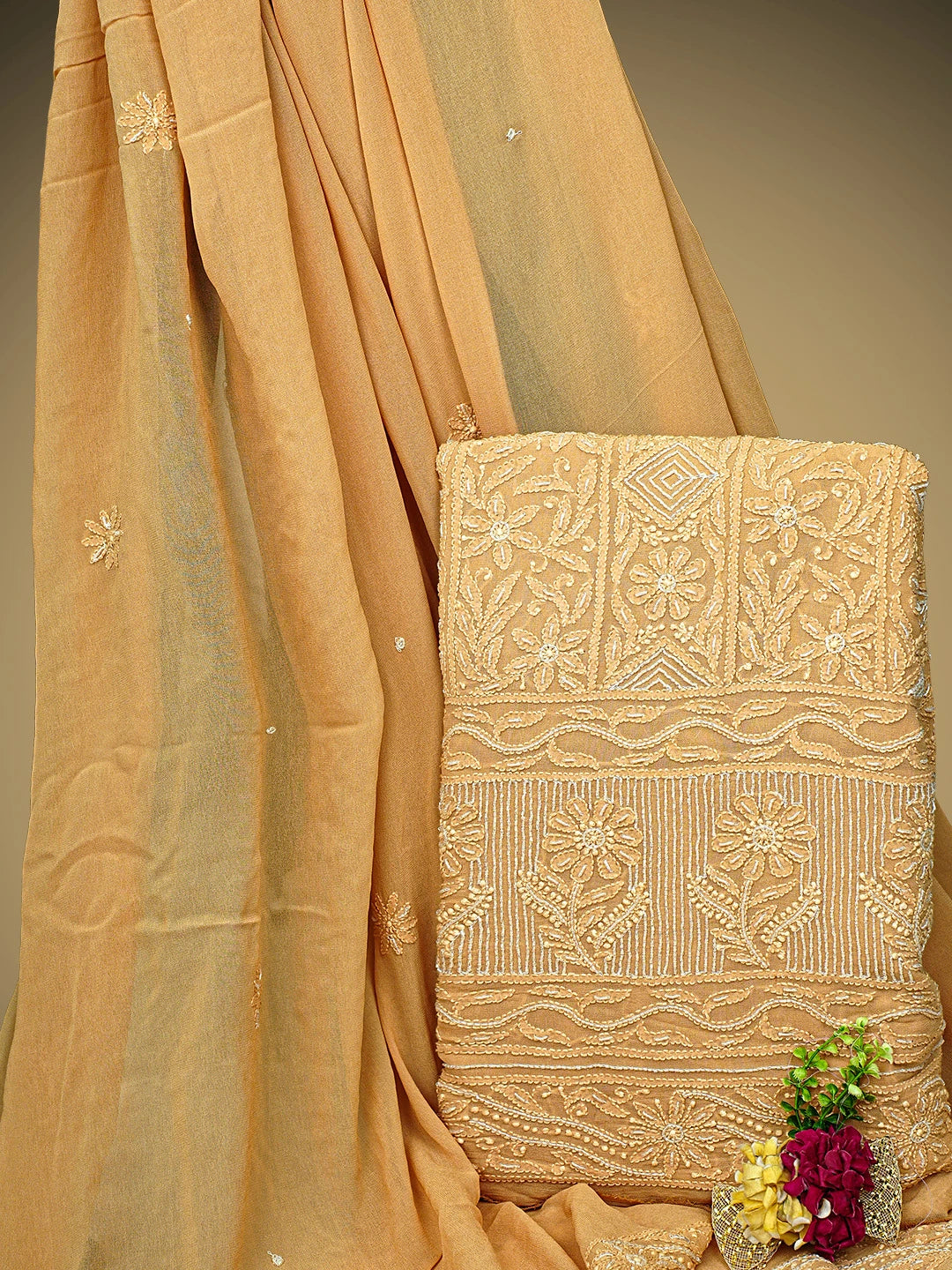 Ada Hand Embroidered Fawn Viscose Georgette Lucknowi Chikankari Unstitched Kurta Dupatta Set With Cutdana Work 01A951234