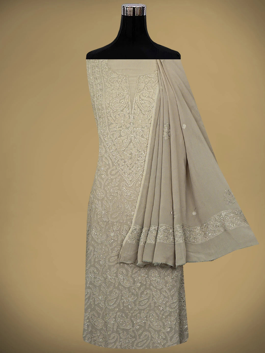 Ada Hand Embroidered Grey Viscose Georgette Lucknowi Chikankari Unstitched Kurta Dupatta Set With Muqaish/Mukaish Work 01A933356