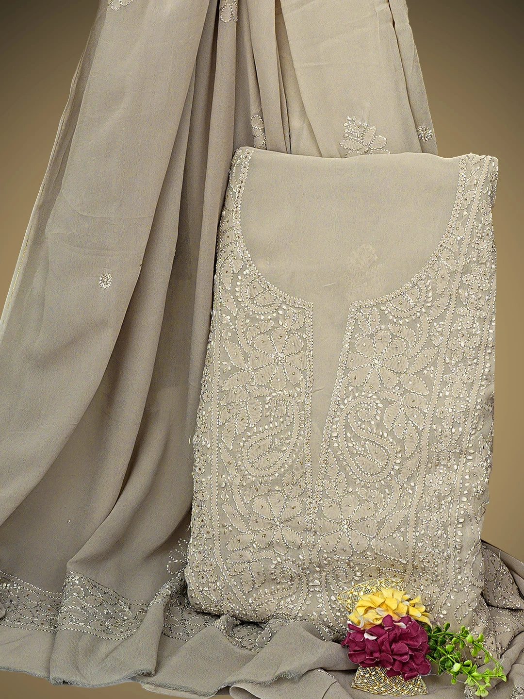 Ada Hand Embroidered Grey Viscose Georgette Lucknowi Chikankari Unstitched Kurta Dupatta Set With Muqaish/Mukaish Work 01A933356