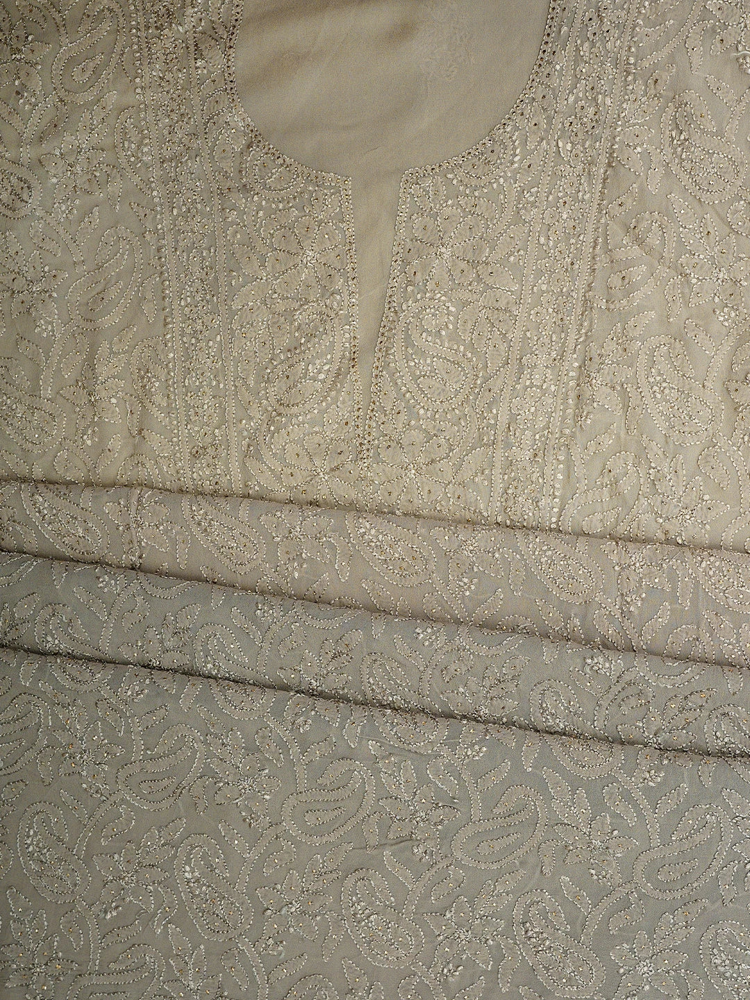 Ada Hand Embroidered Grey Viscose Georgette Lucknowi Chikankari Unstitched Kurta Dupatta Set With Muqaish/Mukaish Work 01A933356