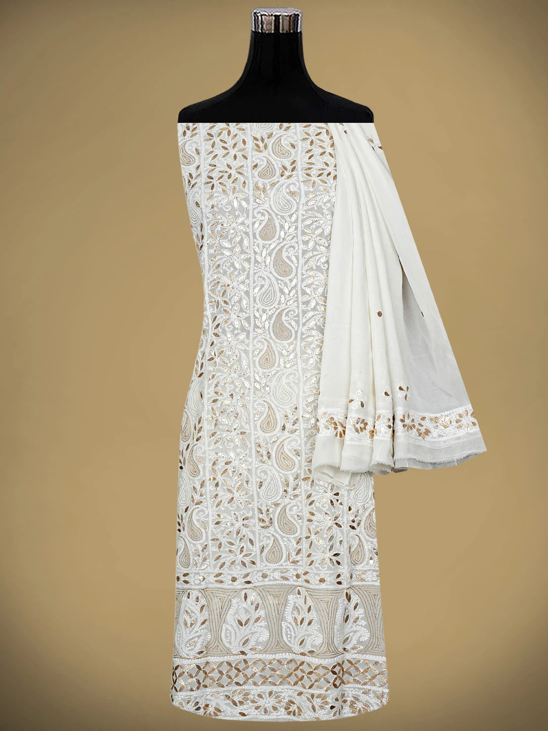 Ada Hand Embroidered White Viscose Georgette lucknowi Chikankari Unstitched Kurta Dupatta Set With Gota Patti Work 01A934102