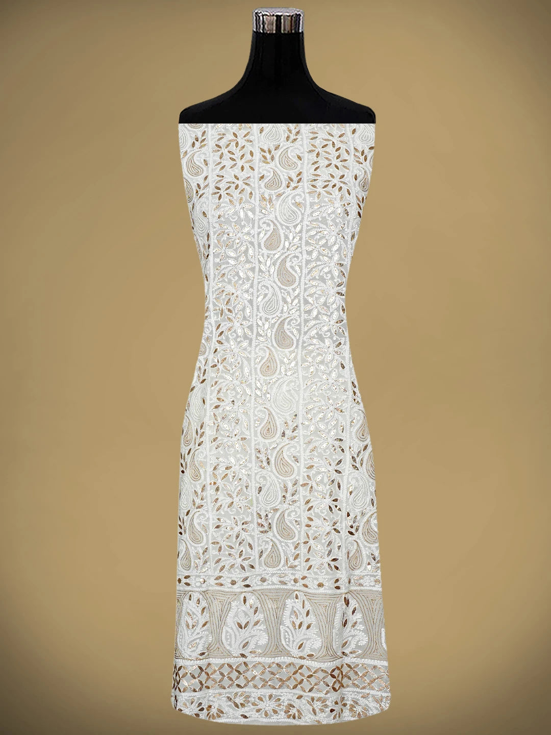 Ada Hand Embroidered White Viscose Georgette lucknowi Chikankari Unstitched Kurta Dupatta Set With Gota Patti Work 01A934102