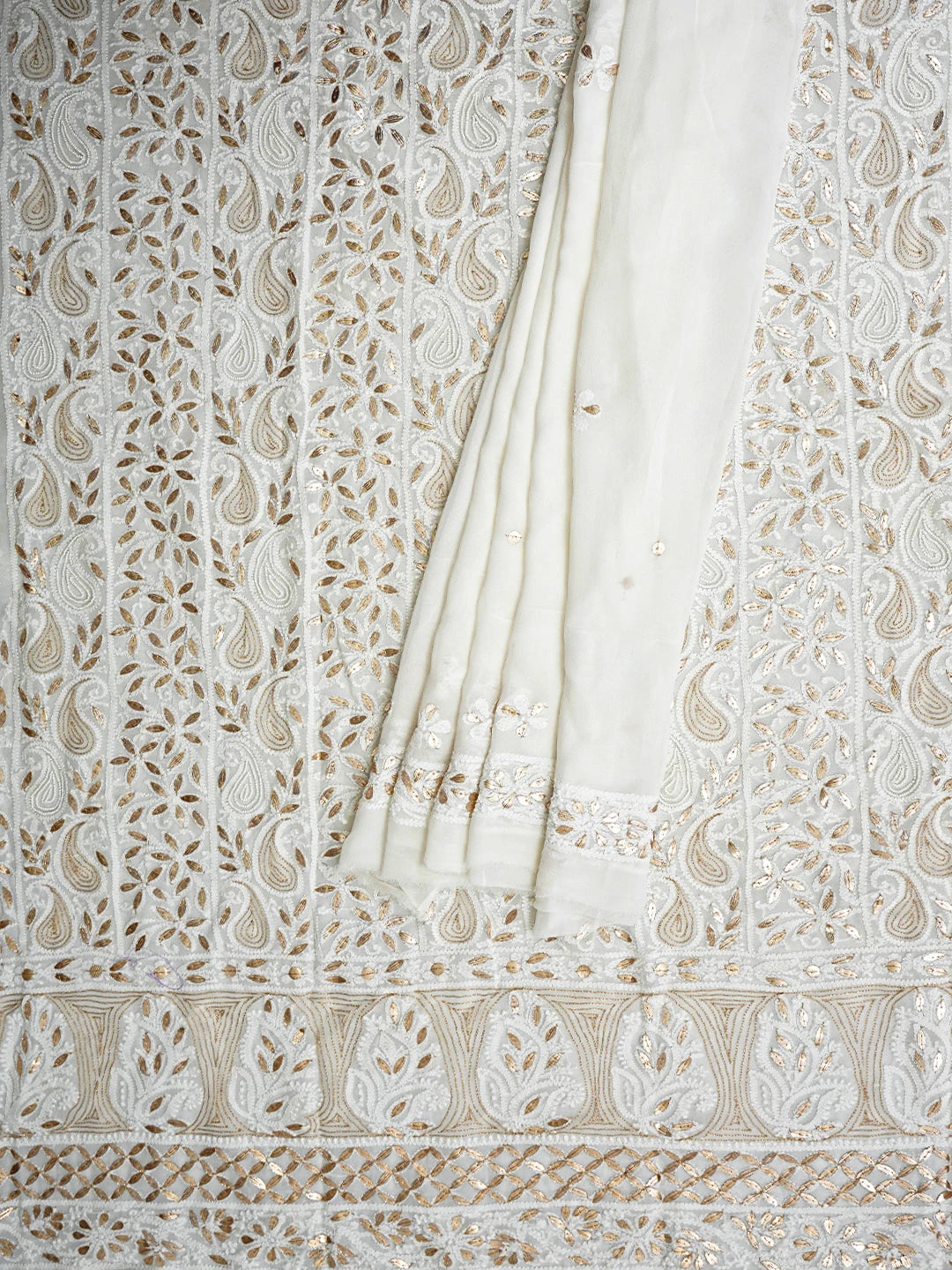 Ada Hand Embroidered White Viscose Georgette lucknowi Chikankari Unstitched Kurta Dupatta Set With Gota Patti Work 01A934102