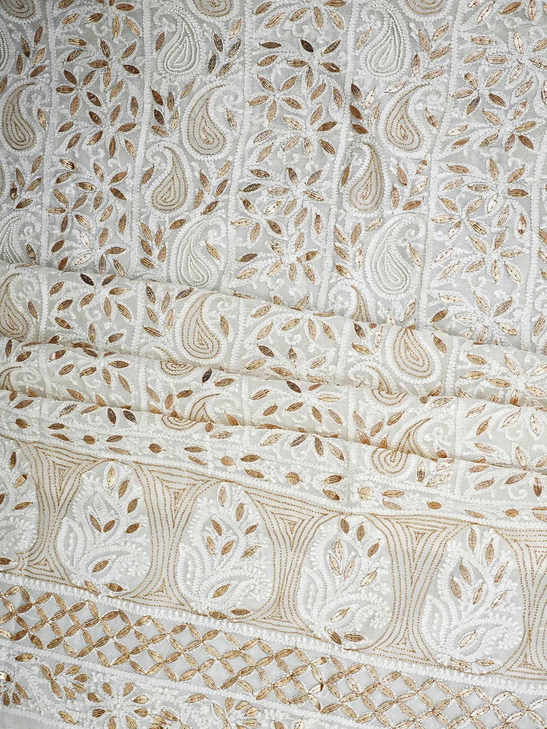Ada Hand Embroidered White Viscose Georgette lucknowi Chikankari Unstitched Kurta Dupatta Set With Gota Patti Work 01A934102