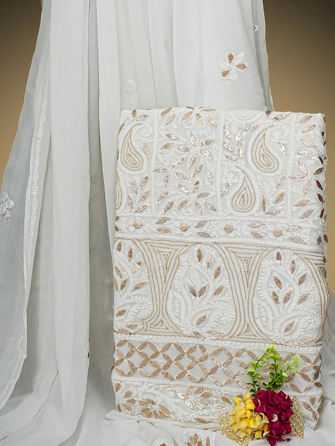 Ada Hand Embroidered White Viscose Georgette lucknowi Chikankari Unstitched Kurta Dupatta Set With Gota Patti Work 01A934102