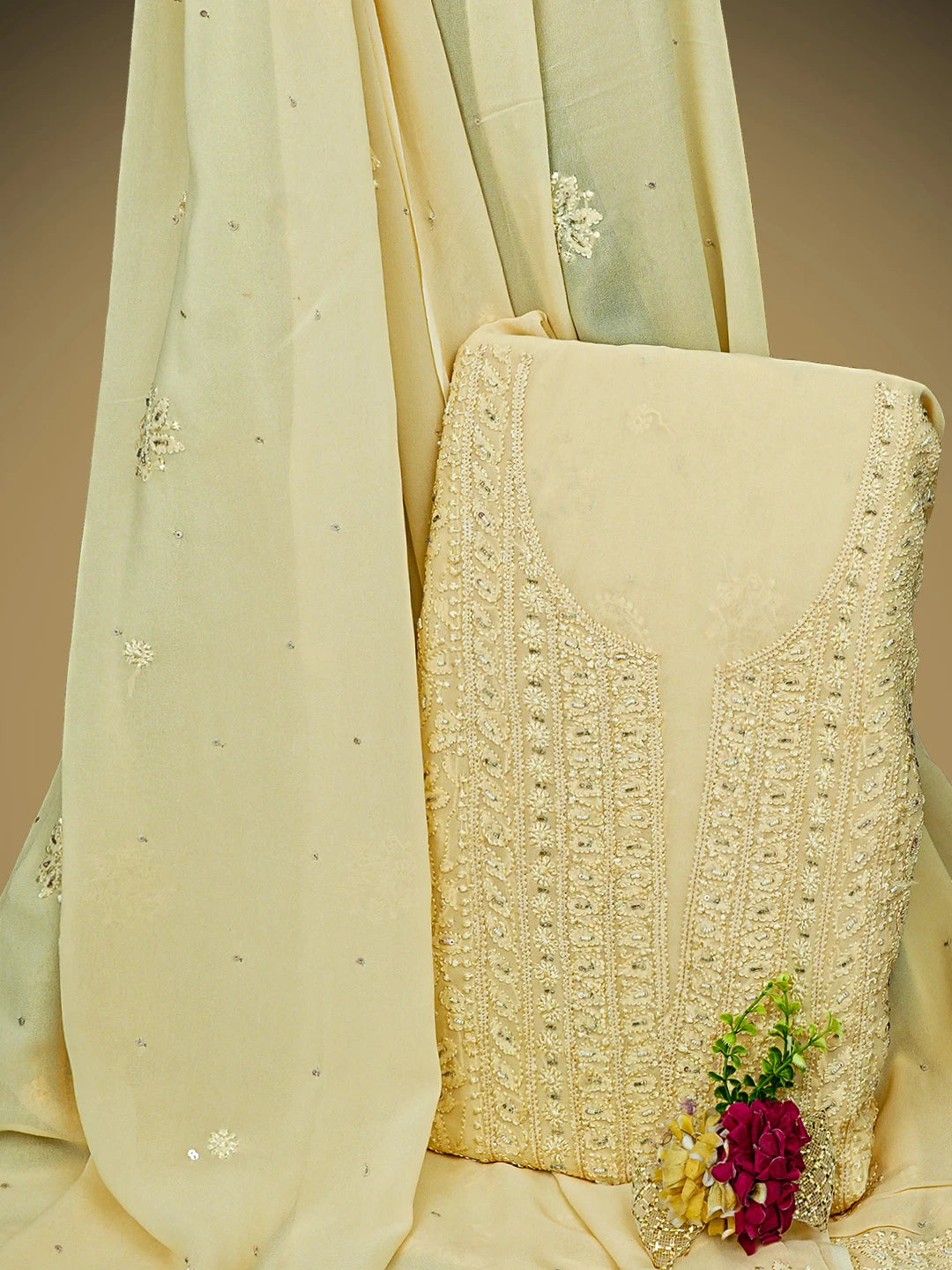Ada Hand Embroidered Cream Viscose Georgette Lucknowi Chikankari Unstitched Kurta Dupatta Set With Cutdana Work 01A724587