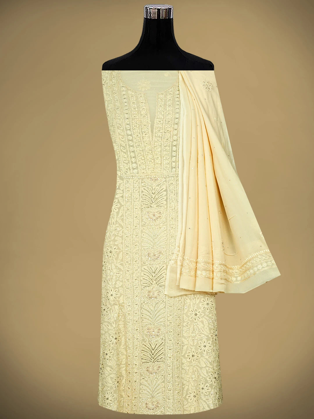 Ada Hand Embroidered Cream Viscose Georgette Lucknowi Chikankari Unstitched Kurta Dupatta Set With Cutdana Work 01A724587