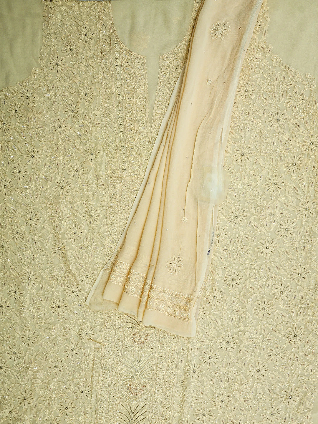 Ada Hand Embroidered Cream Viscose Georgette Lucknowi Chikankari Unstitched Kurta Dupatta Set With Cutdana Work 01A724587