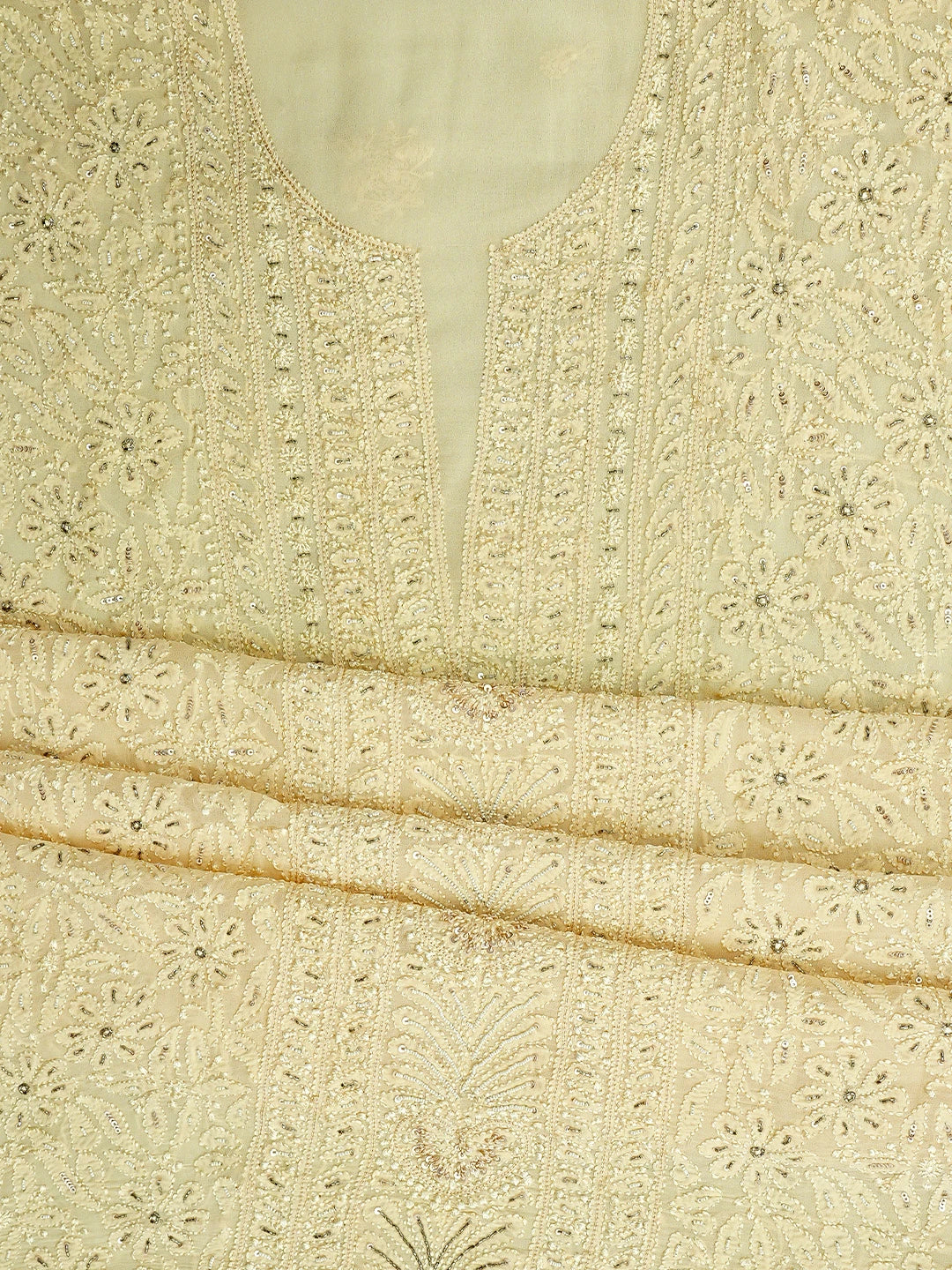 Ada Hand Embroidered Cream Viscose Georgette Lucknowi Chikankari Unstitched Kurta Dupatta Set With Cutdana Work 01A724587