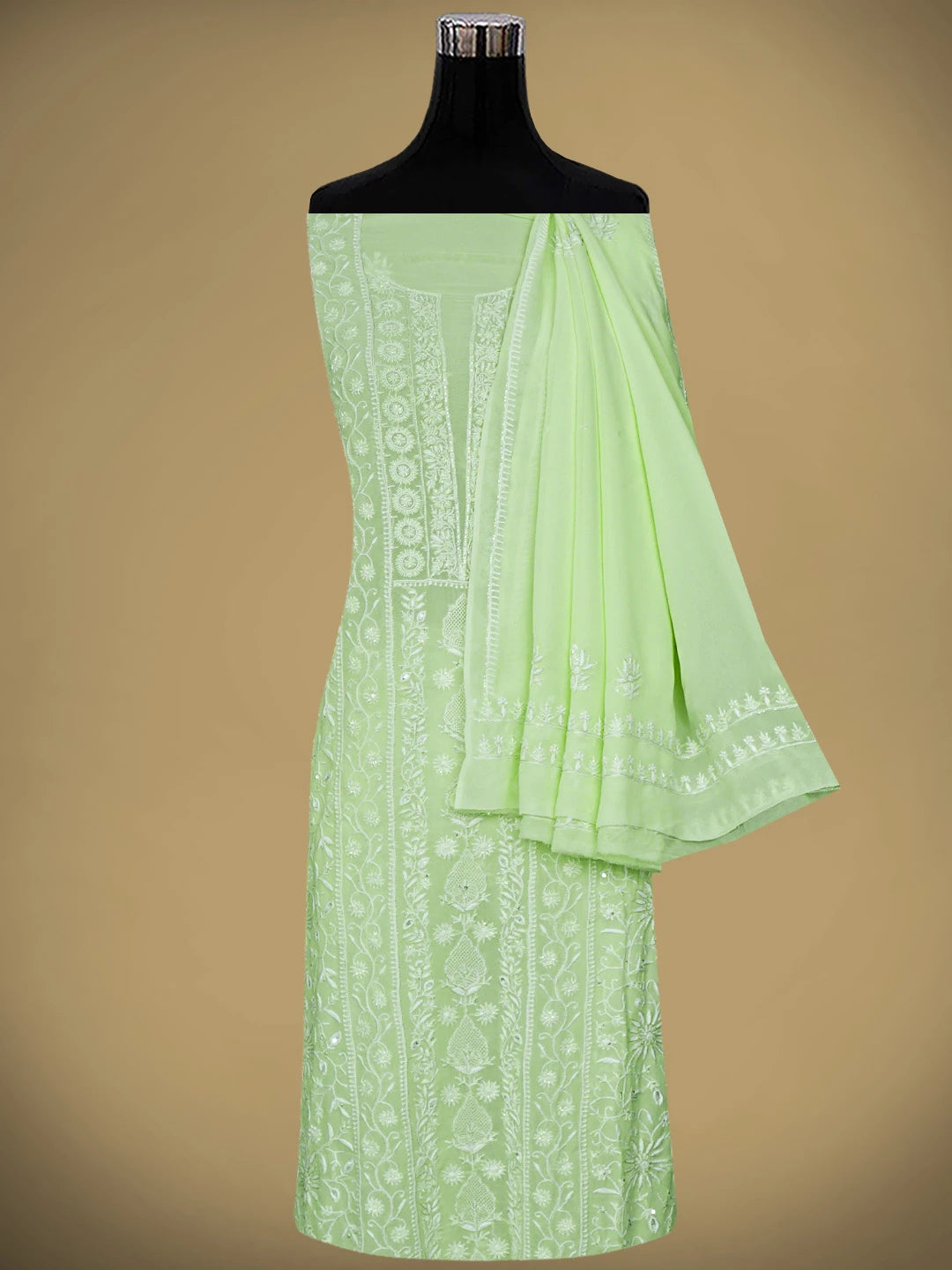Ada Hand Embroidered Light Green Pure Georgette Lucknowi Chikankari Unstitched Kurta Dupatta Set With Zari Work 01A805684