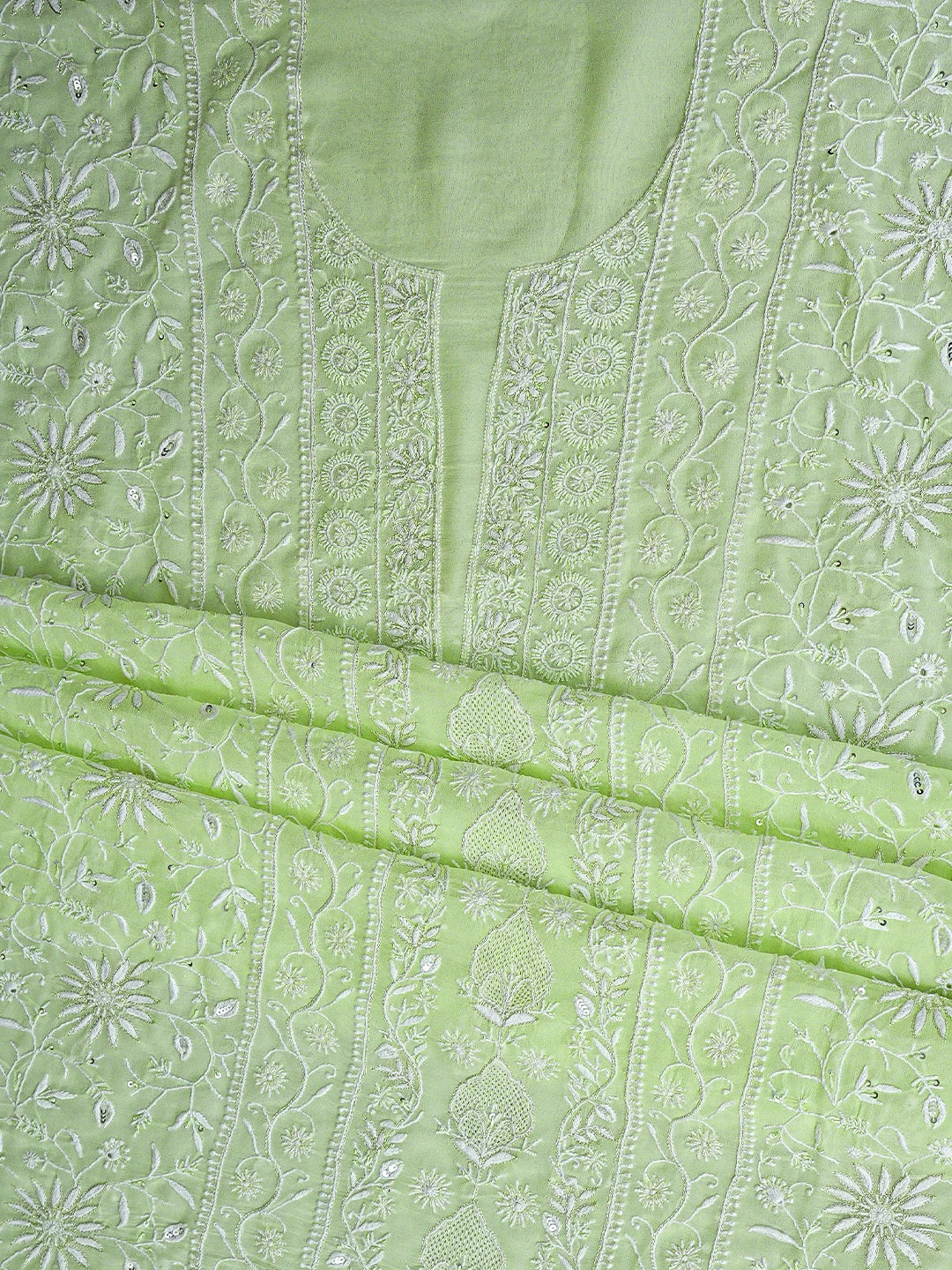 Ada Hand Embroidered Light Green Pure Georgette Lucknowi Chikankari Unstitched Kurta Dupatta Set With Zari Work 01A805684