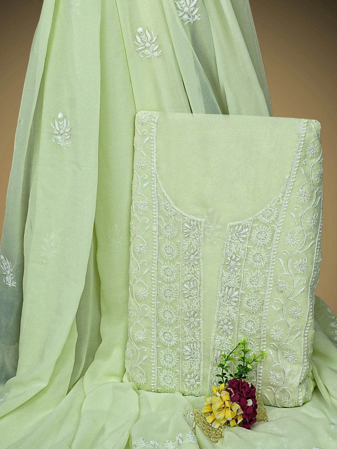 Ada Hand Embroidered Light Green Pure Georgette Lucknowi Chikankari Unstitched Kurta Dupatta Set With Zari Work 01A805684