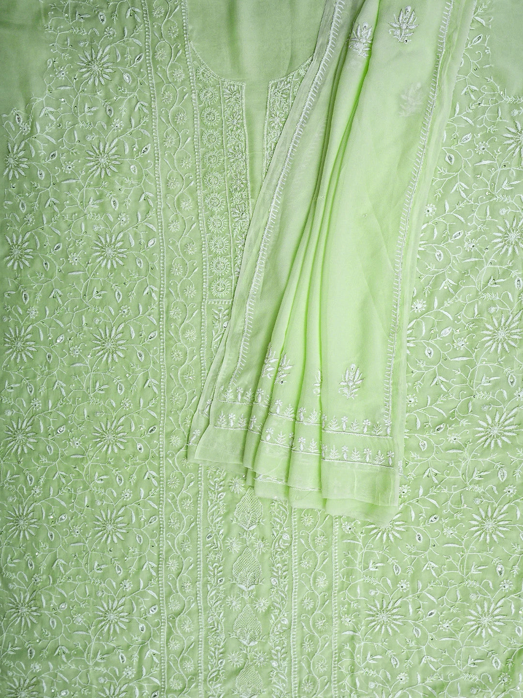 Ada Hand Embroidered Light Green Pure Georgette Lucknowi Chikankari Unstitched Kurta Dupatta Set With Zari Work 01A805684