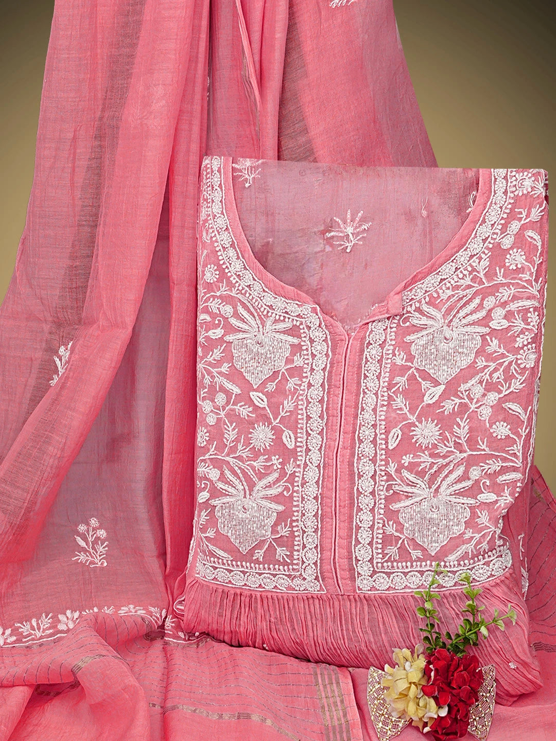 Ada Hand Embroidered Pink Chanderi Lucknowi Chikankari Semi Stitched A-Line Kurta Dupatta Set with Cutdana Work 01A954215
