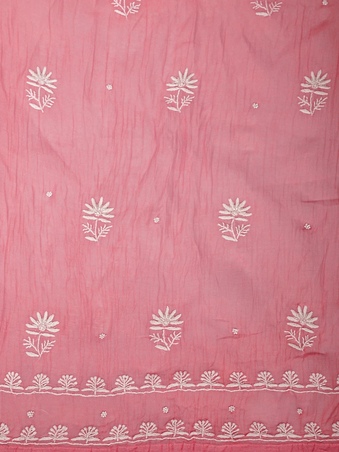 Ada Hand Embroidered Pink Chanderi Lucknowi Chikankari Semi Stitched A-Line Kurta Dupatta Set with Cutdana Work 01A954215