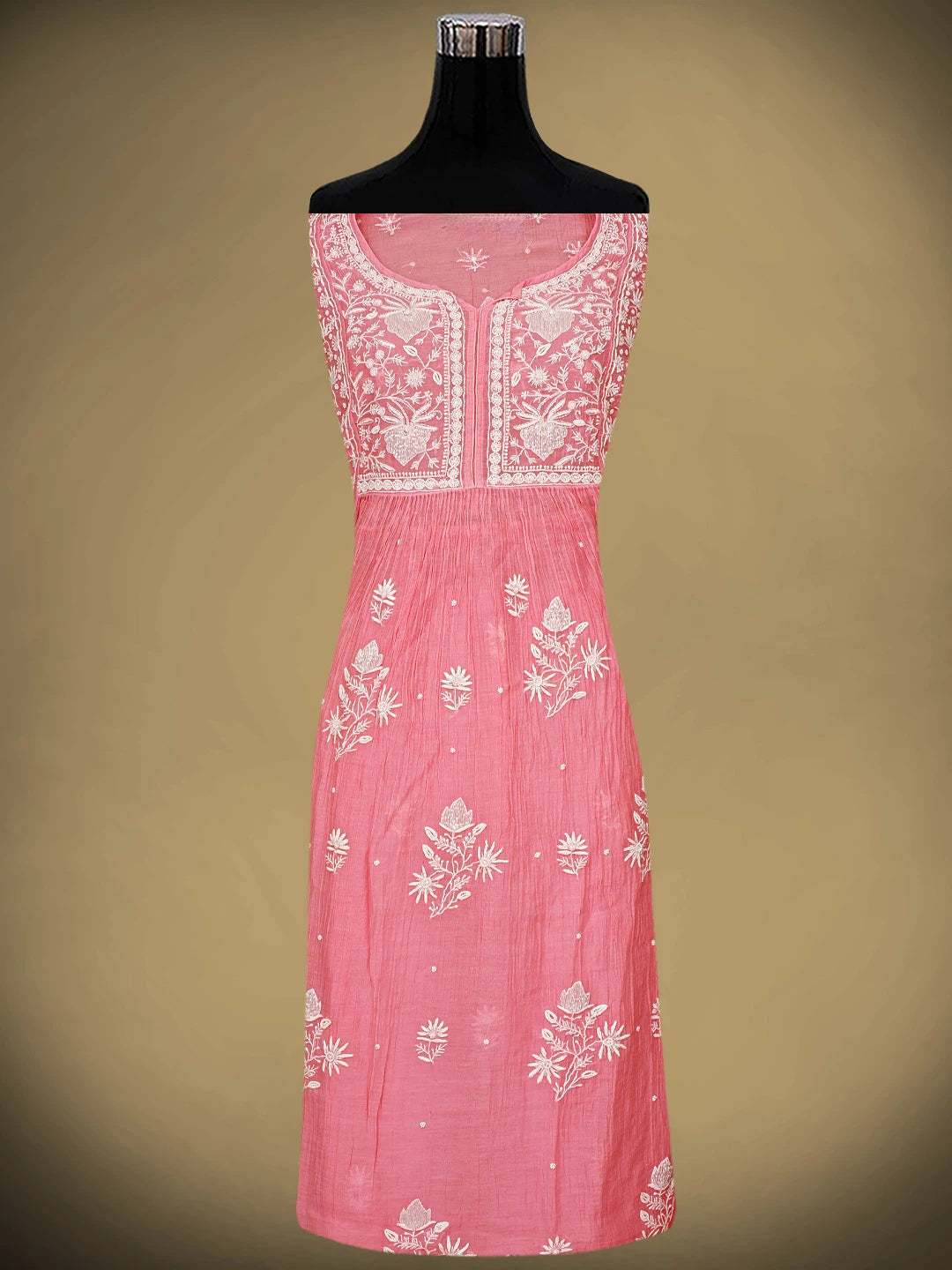 Ada Hand Embroidered Pink Chanderi Lucknowi Chikankari Semi Stitched A-Line Kurta Dupatta Set with Cutdana Work 01A954215
