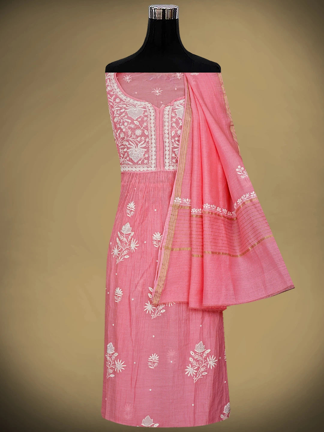 Ada Hand Embroidered Pink Chanderi Lucknowi Chikankari Semi Stitched A-Line Kurta Dupatta Set with Cutdana Work 01A954215