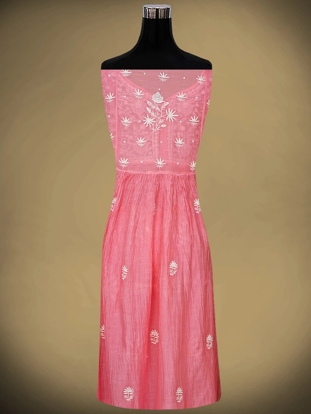 Ada Hand Embroidered Pink Chanderi Lucknowi Chikankari Semi Stitched A-Line Kurta Dupatta Set with Cutdana Work 01A954215