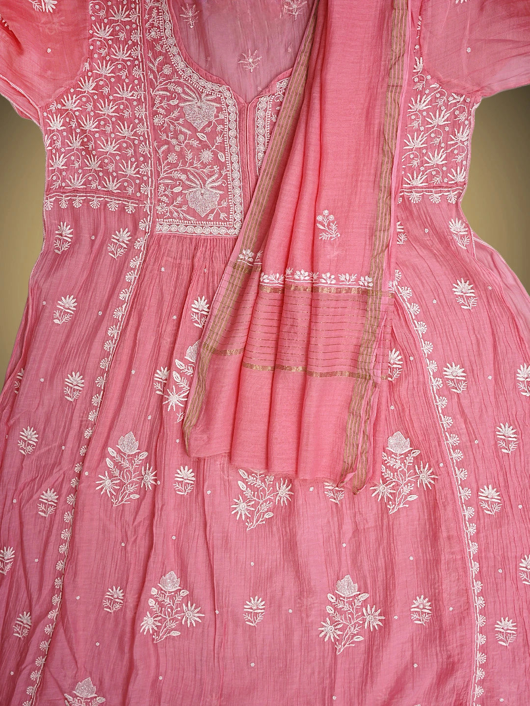 Ada Hand Embroidered Pink Chanderi Lucknowi Chikankari Semi Stitched A-Line Kurta Dupatta Set with Cutdana Work 01A954215