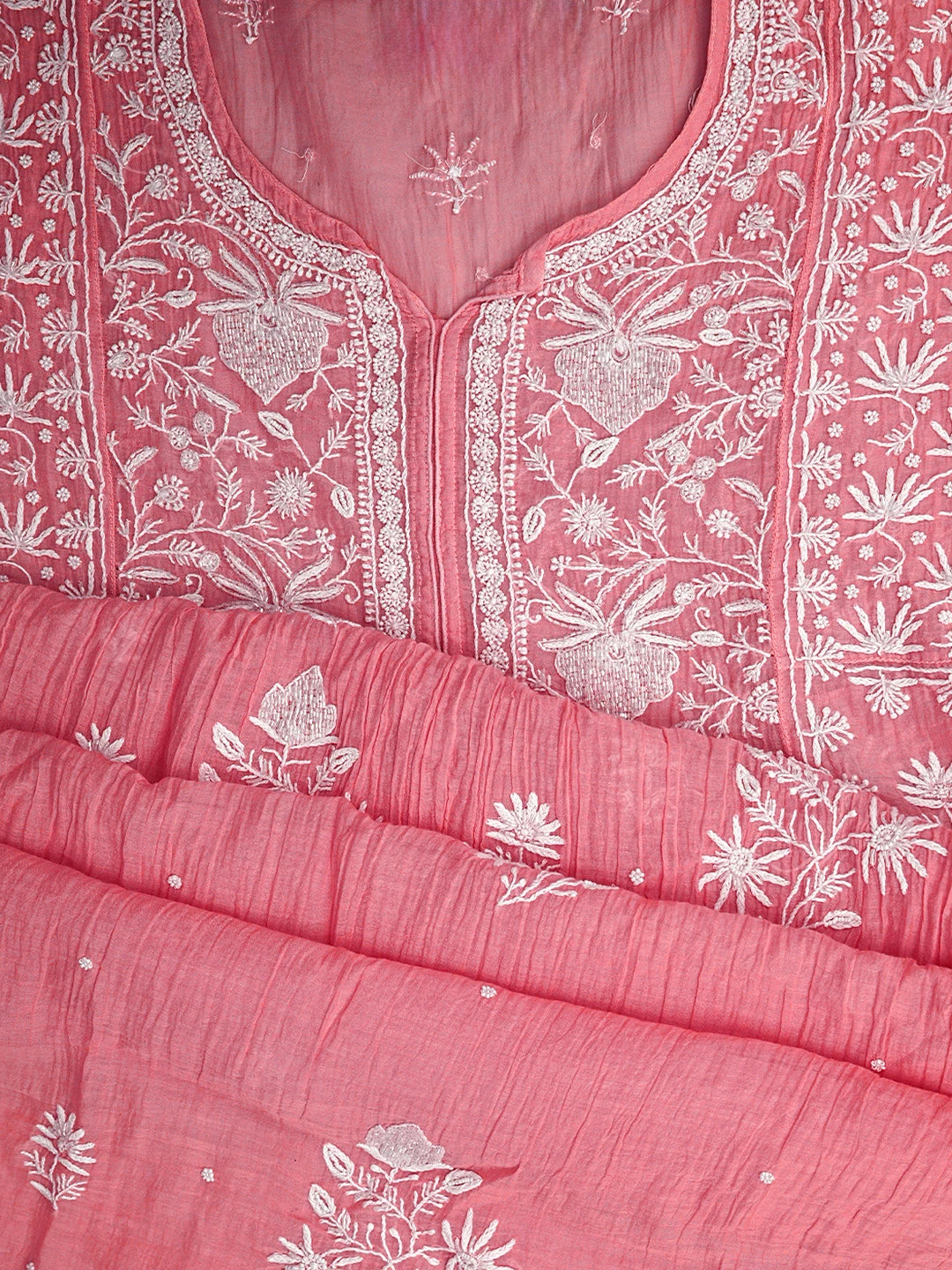 Ada Hand Embroidered Pink Chanderi Lucknowi Chikankari Semi Stitched A-Line Kurta Dupatta Set with Cutdana Work 01A954215
