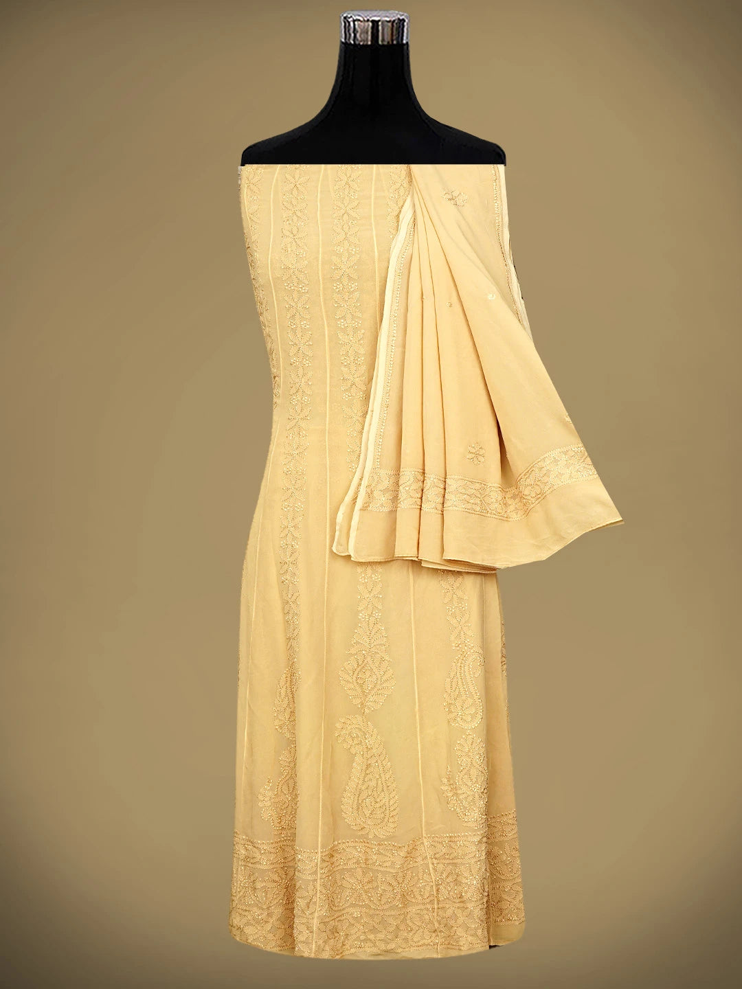 Ada Hand Embroidered Fawn Viscose Georgette Lucknowi Chikankari Semi-Stitched Anarkali Kurta Dupatta Set 01A901369