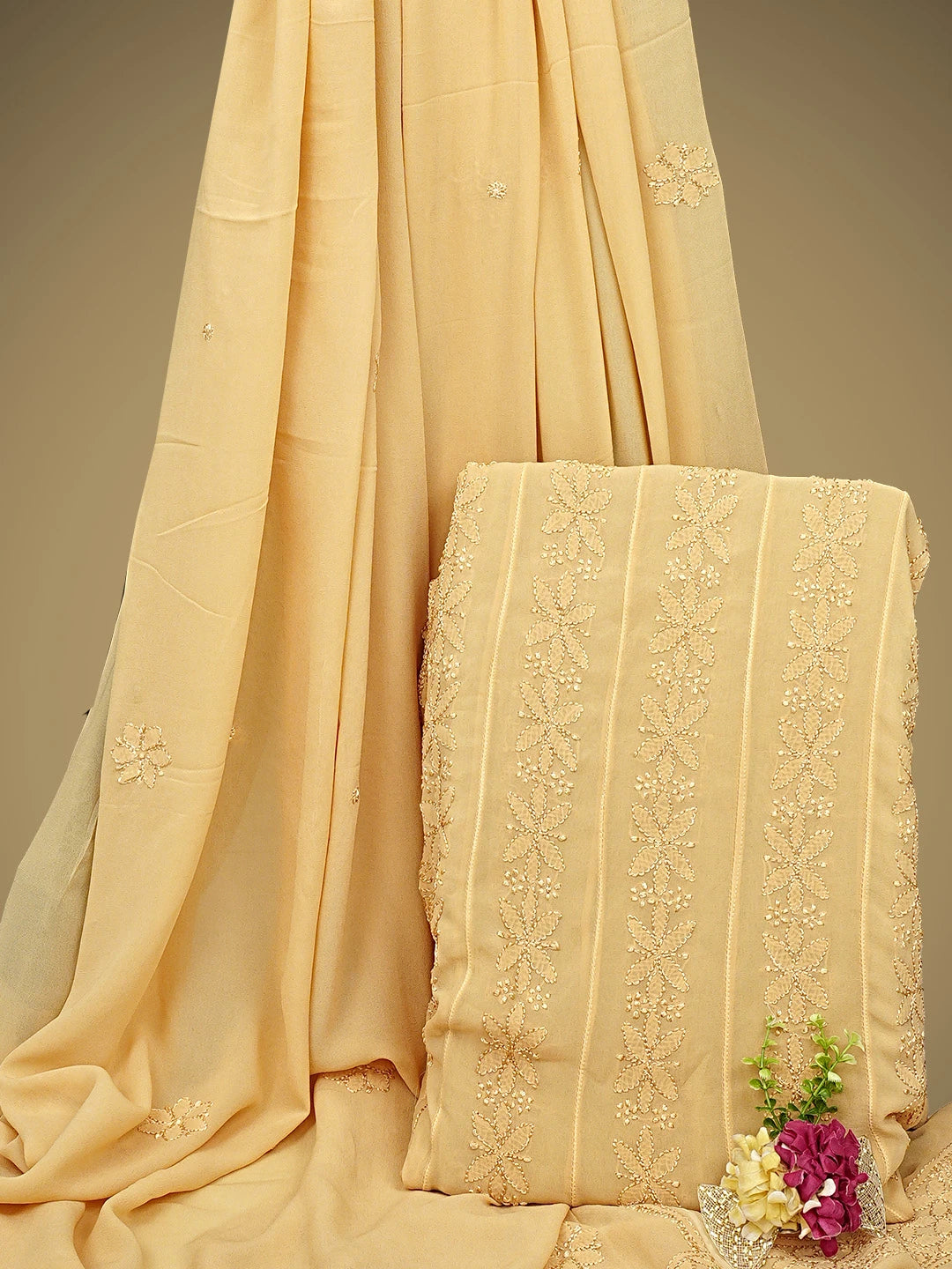 Ada Hand Embroidered Fawn Viscose Georgette Lucknowi Chikankari Semi-Stitched Anarkali Kurta Dupatta Set 01A901369