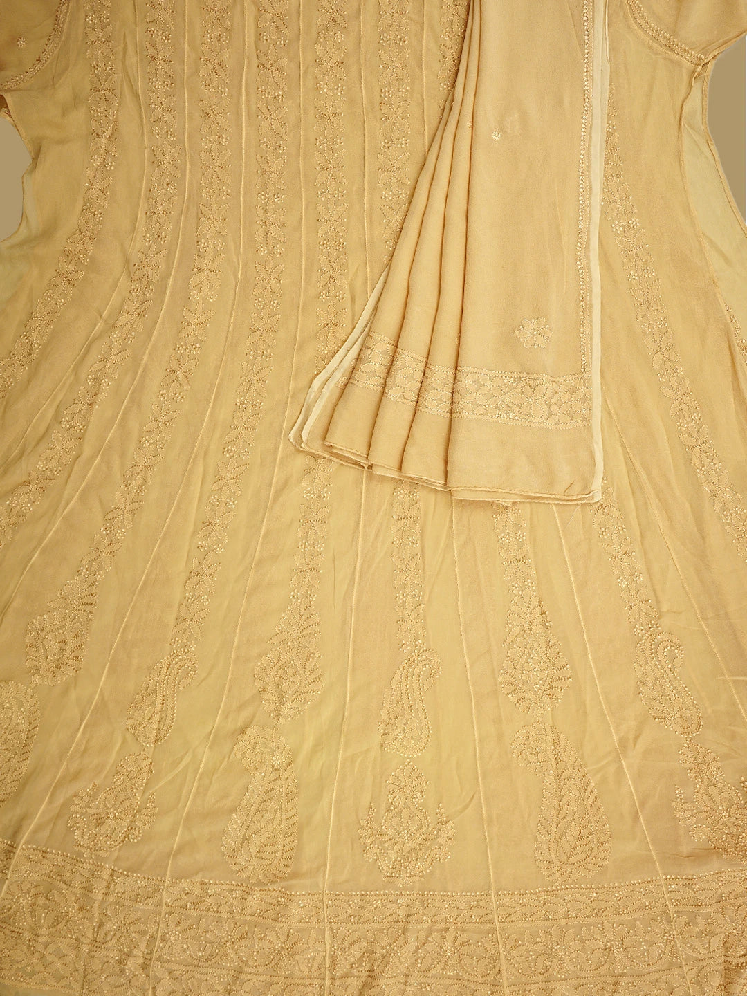 Ada Hand Embroidered Fawn Viscose Georgette Lucknowi Chikankari Semi-Stitched Anarkali Kurta Dupatta Set 01A901369
