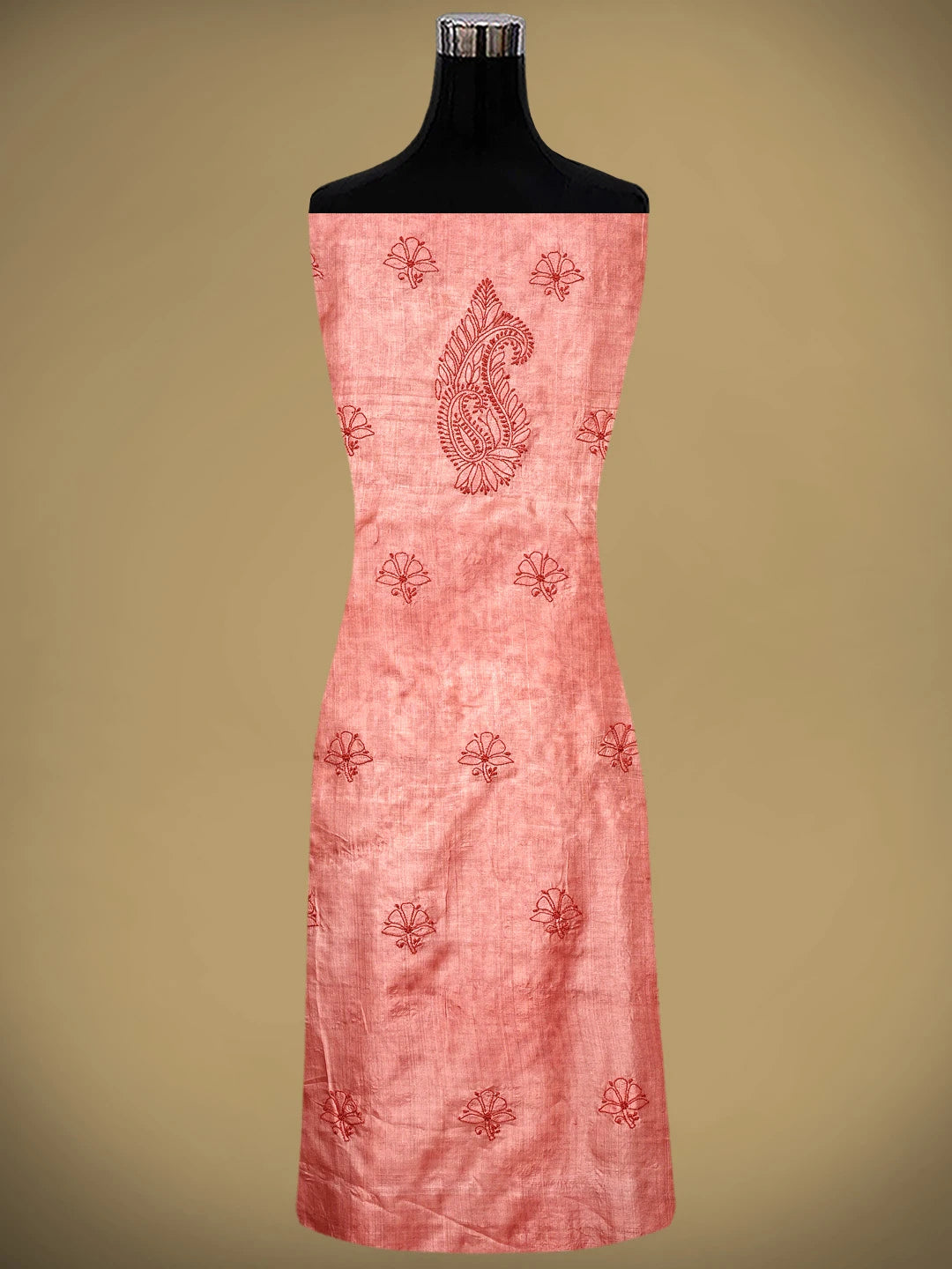 Ada Hand Embroidered Salmon Red Tusser Silk Lucknowi Chikankari Unstitched Suit Piece 01A869032