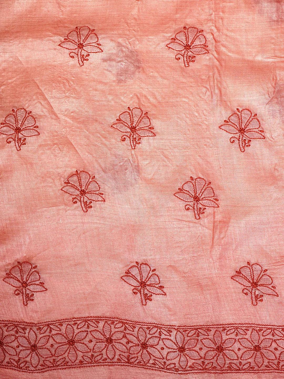 Ada Hand Embroidered Salmon Red Tusser Silk Lucknowi Chikankari Unstitched Suit Piece 01A869032