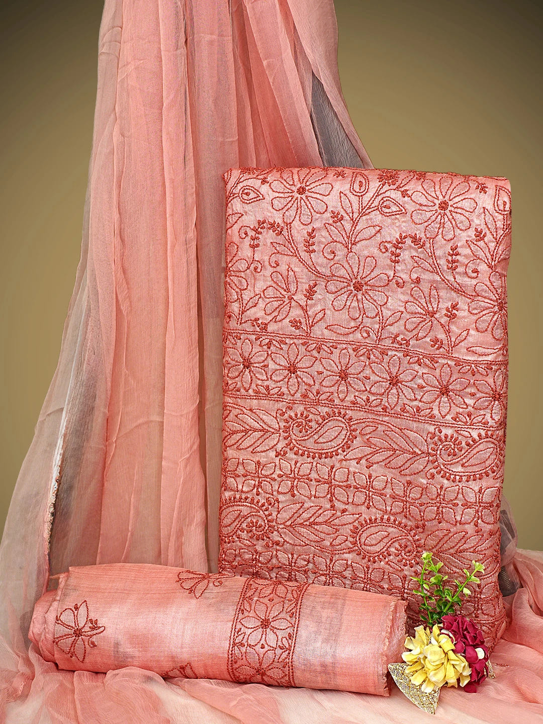 Ada Hand Embroidered Salmon Red Tusser Silk Lucknowi Chikankari Unstitched Suit Piece 01A869032