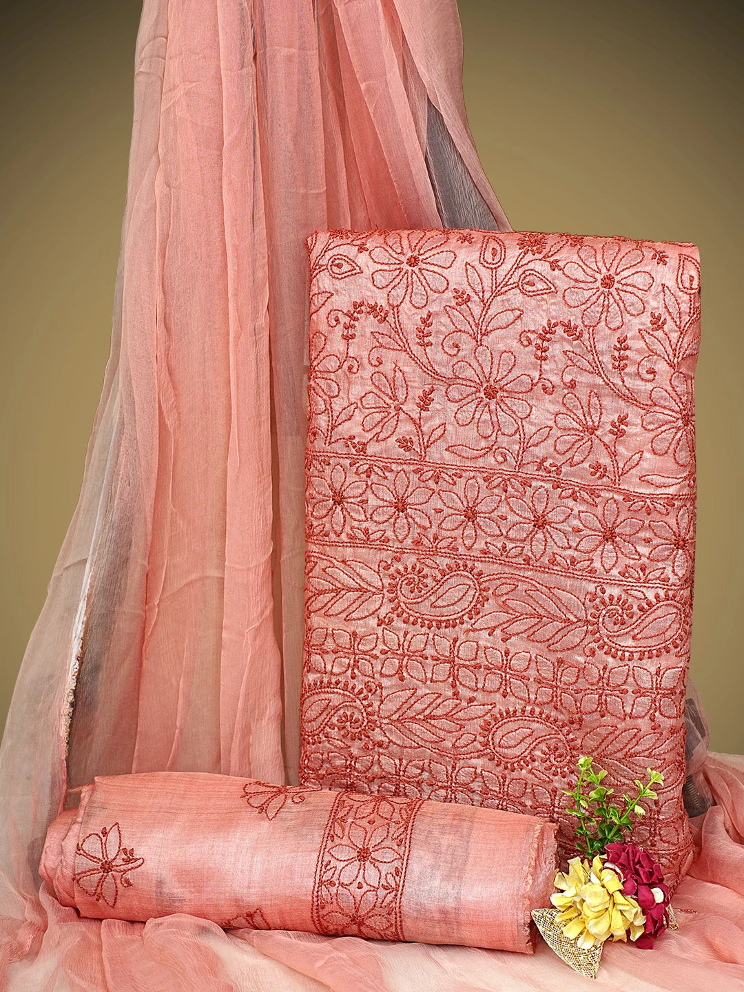 Ada Hand Embroidered Salmon Red Tusser Silk Lucknowi Chikankari Unstitched Suit Piece 01A869032