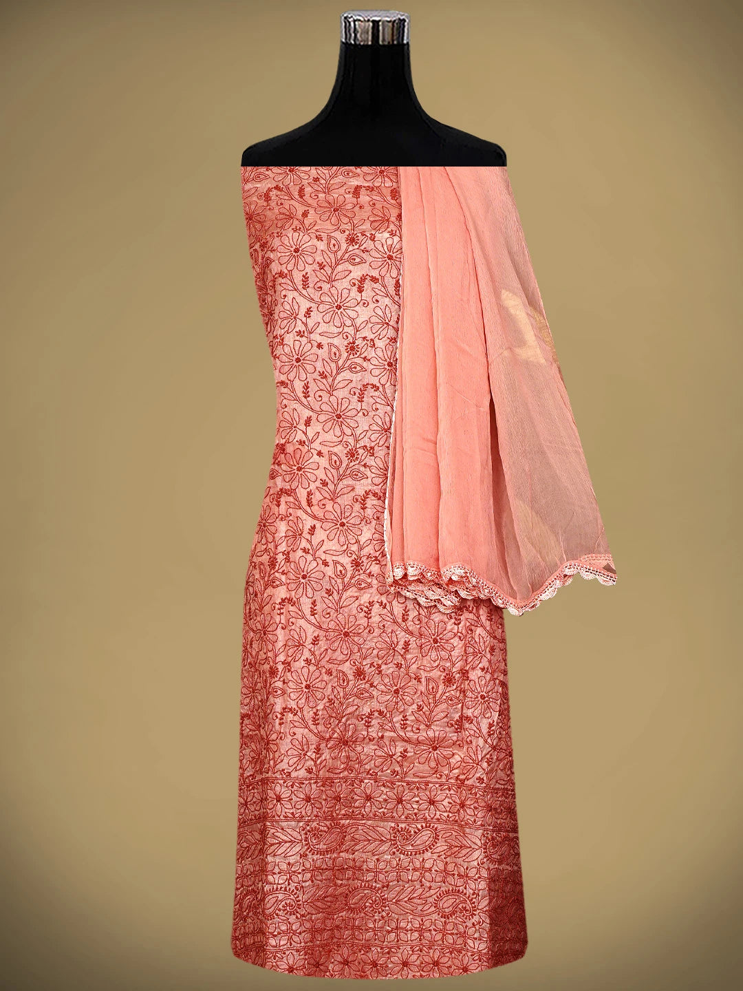 Ada Hand Embroidered Salmon Red Tusser Silk Lucknowi Chikankari Unstitched Suit Piece 01A869032