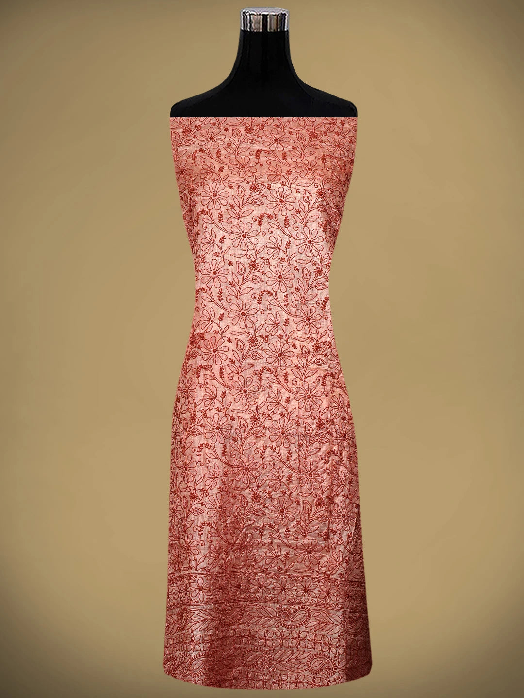 Ada Hand Embroidered Salmon Red Tusser Silk Lucknowi Chikankari Unstitched Suit Piece 01A869032