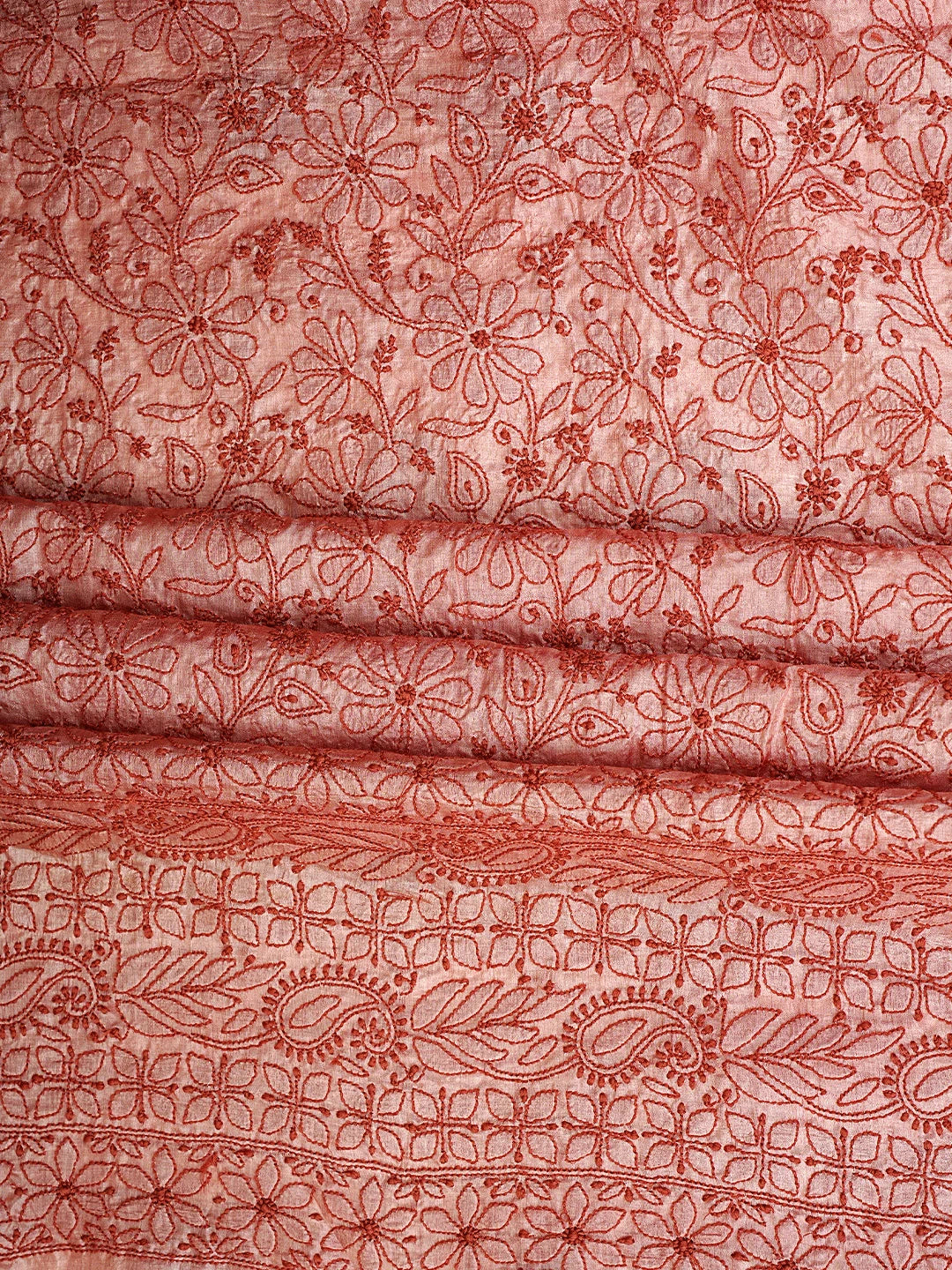 Ada Hand Embroidered Salmon Red Tusser Silk Lucknowi Chikankari Unstitched Suit Piece 01A869032