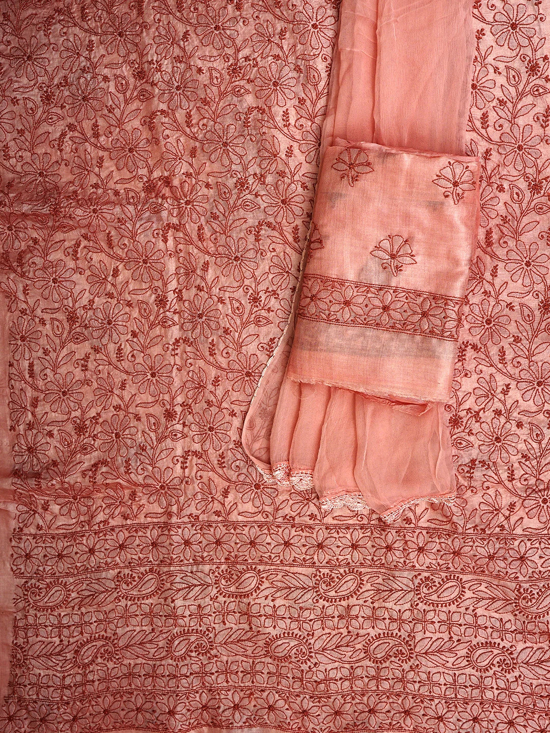 Ada Hand Embroidered Salmon Red Tusser Silk Lucknowi Chikankari Unstitched Suit Piece 01A869032