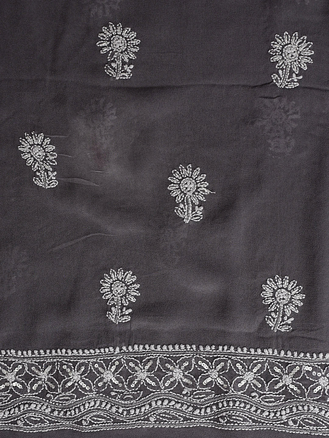 Ada Hand Embroidered Grey Pure Georgette Lucknowi Chikankari Semi-stitched Kurta Dupatta Set With Sequinned Work 01A388253