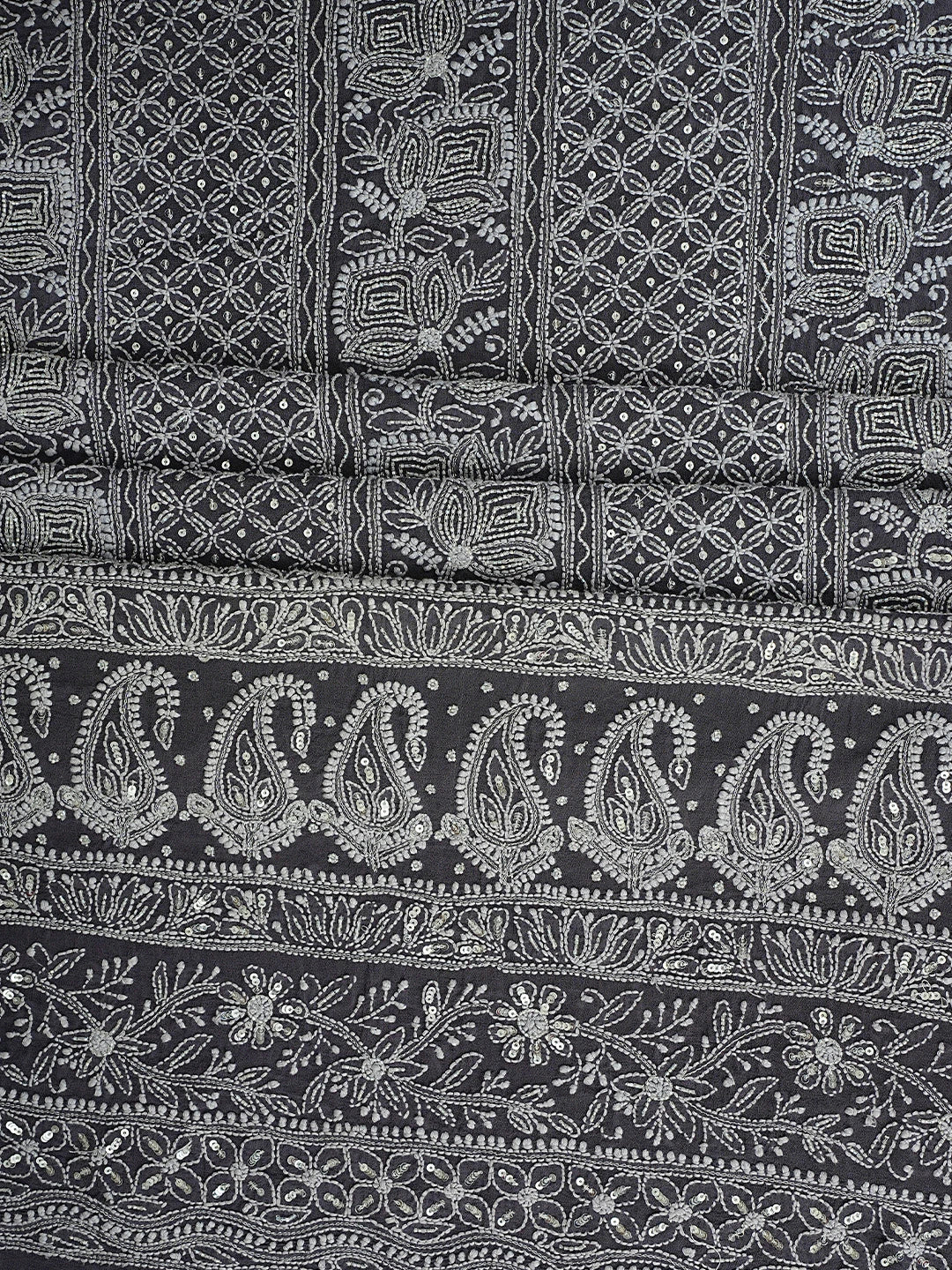 Ada Hand Embroidered Grey Pure Georgette Lucknowi Chikankari Semi-stitched Kurta Dupatta Set With Sequinned Work 01A388253