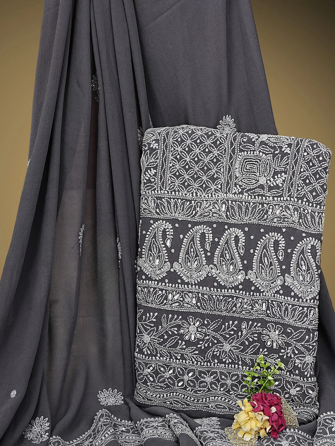 Ada Hand Embroidered Grey Pure Georgette Lucknowi Chikankari Semi-stitched Kurta Dupatta Set With Sequinned Work 01A388253