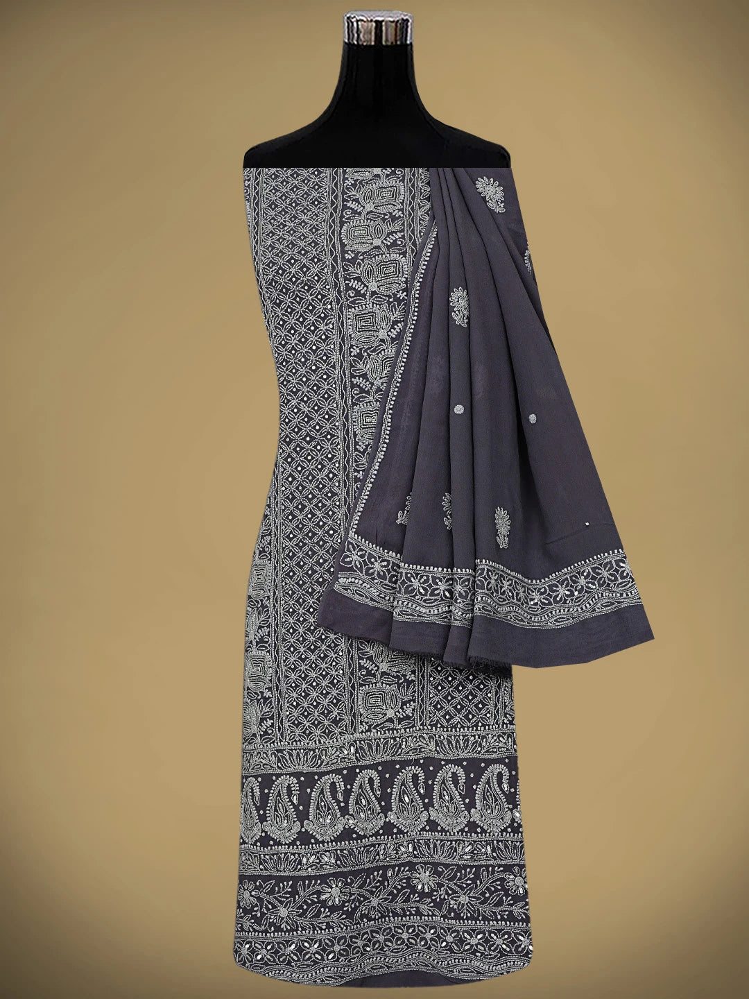 Ada Hand Embroidered Grey Pure Georgette Lucknowi Chikankari Semi-stitched Kurta Dupatta Set With Sequinned Work 01A388253