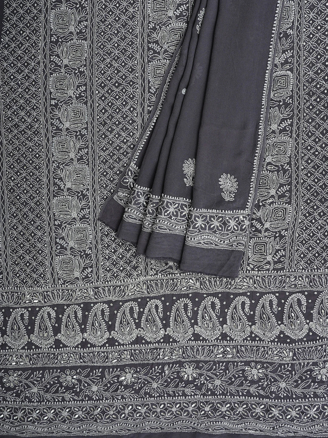 Ada Hand Embroidered Grey Pure Georgette Lucknowi Chikankari Semi-stitched Kurta Dupatta Set With Sequinned Work 01A388253