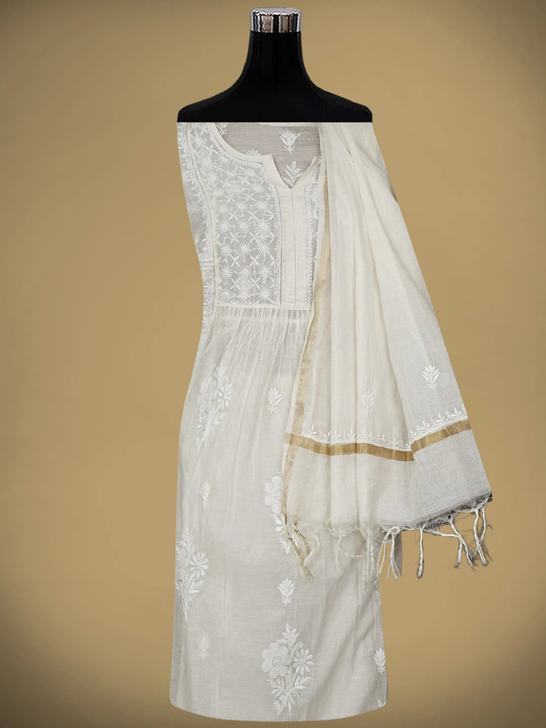 Ada Hand Embroidered Cream Chanderi Lucknowi Chikankari Semi-Stitched Kurta Dupatta Set 01A873185