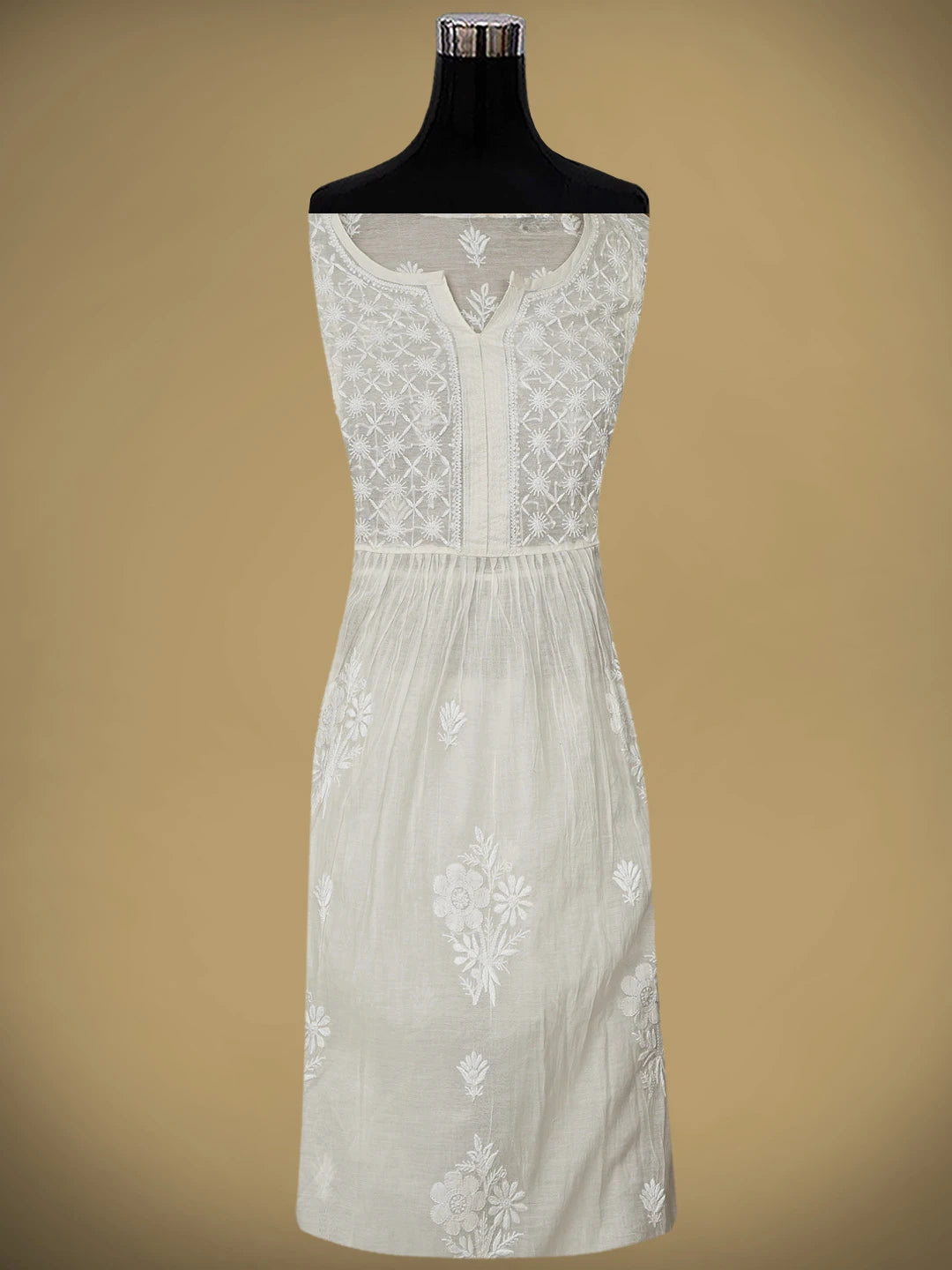 Ada Hand Embroidered Cream Chanderi Lucknowi Chikankari Semi-Stitched Kurta Dupatta Set 01A873185