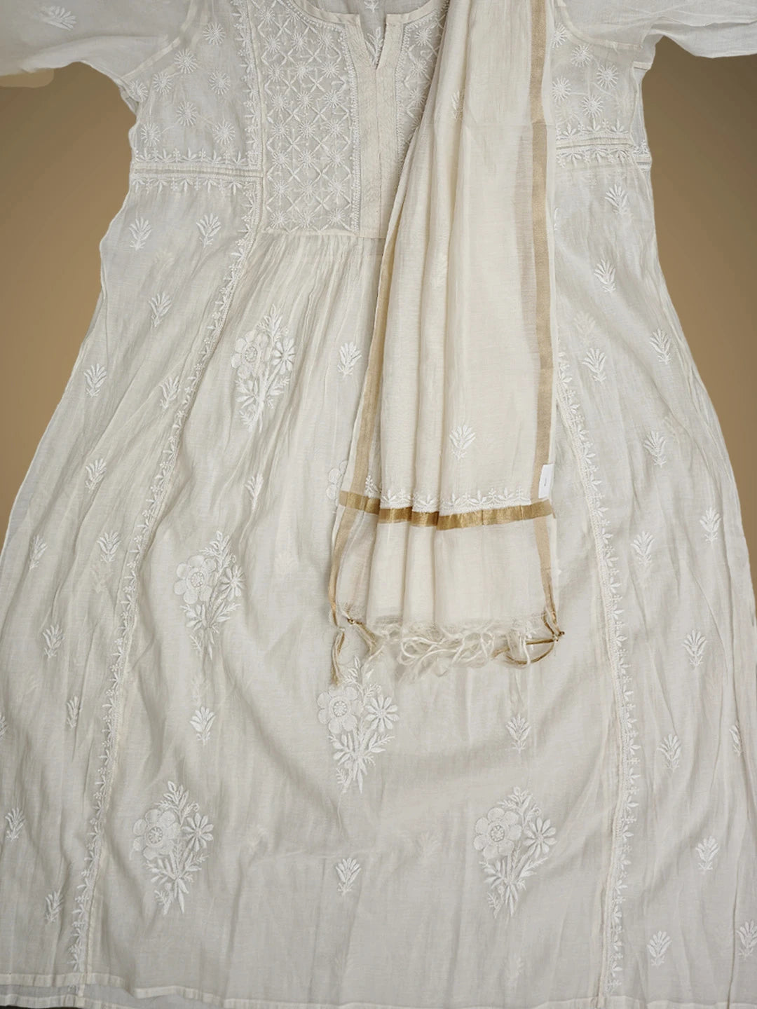 Ada Hand Embroidered Cream Chanderi Lucknowi Chikankari Semi-Stitched Kurta Dupatta Set 01A873185