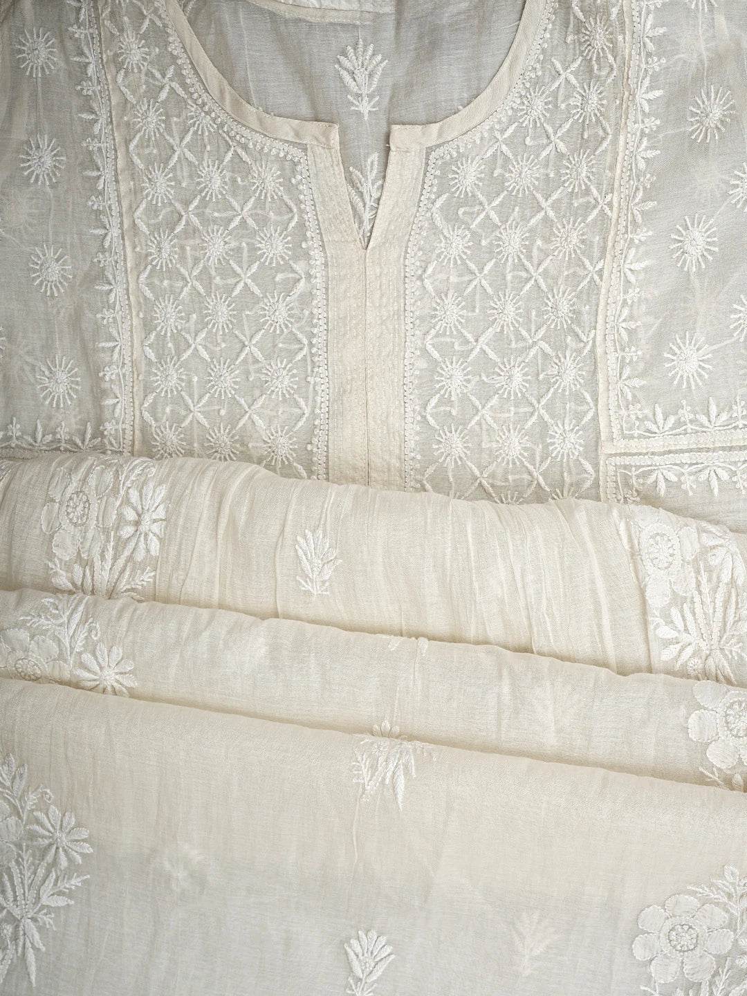 Ada Hand Embroidered Cream Chanderi Lucknowi Chikankari Semi-Stitched Kurta Dupatta Set 01A873185