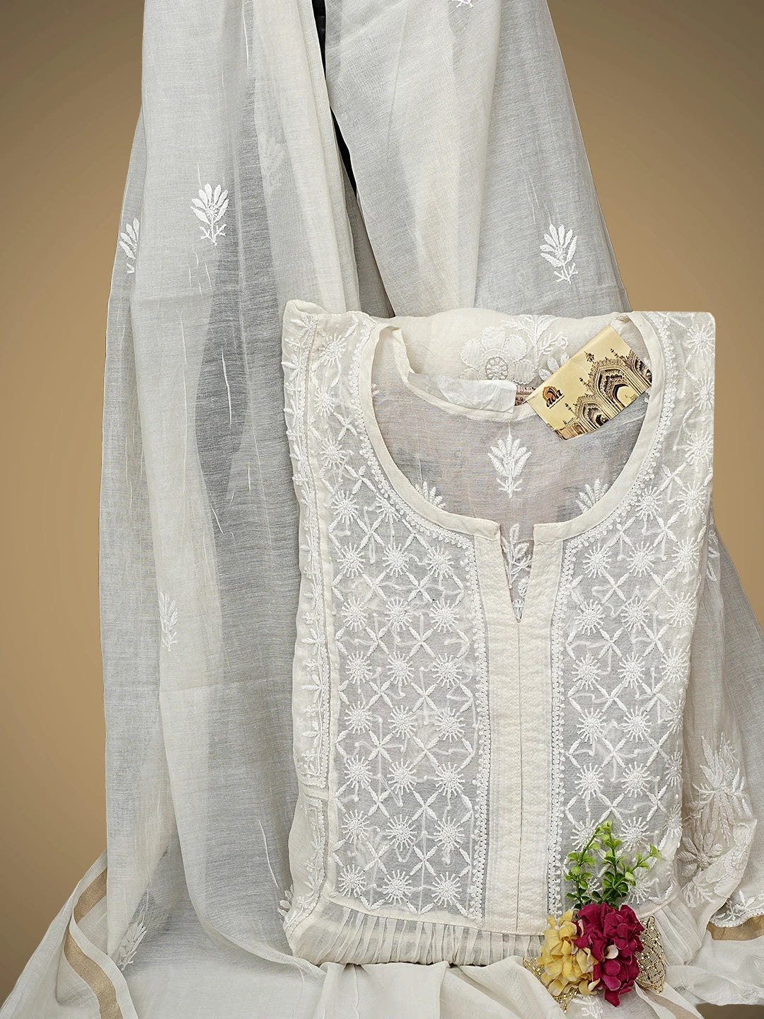 Ada Hand Embroidered Cream Chanderi Lucknowi Chikankari Semi-Stitched Kurta Dupatta Set 01A873185