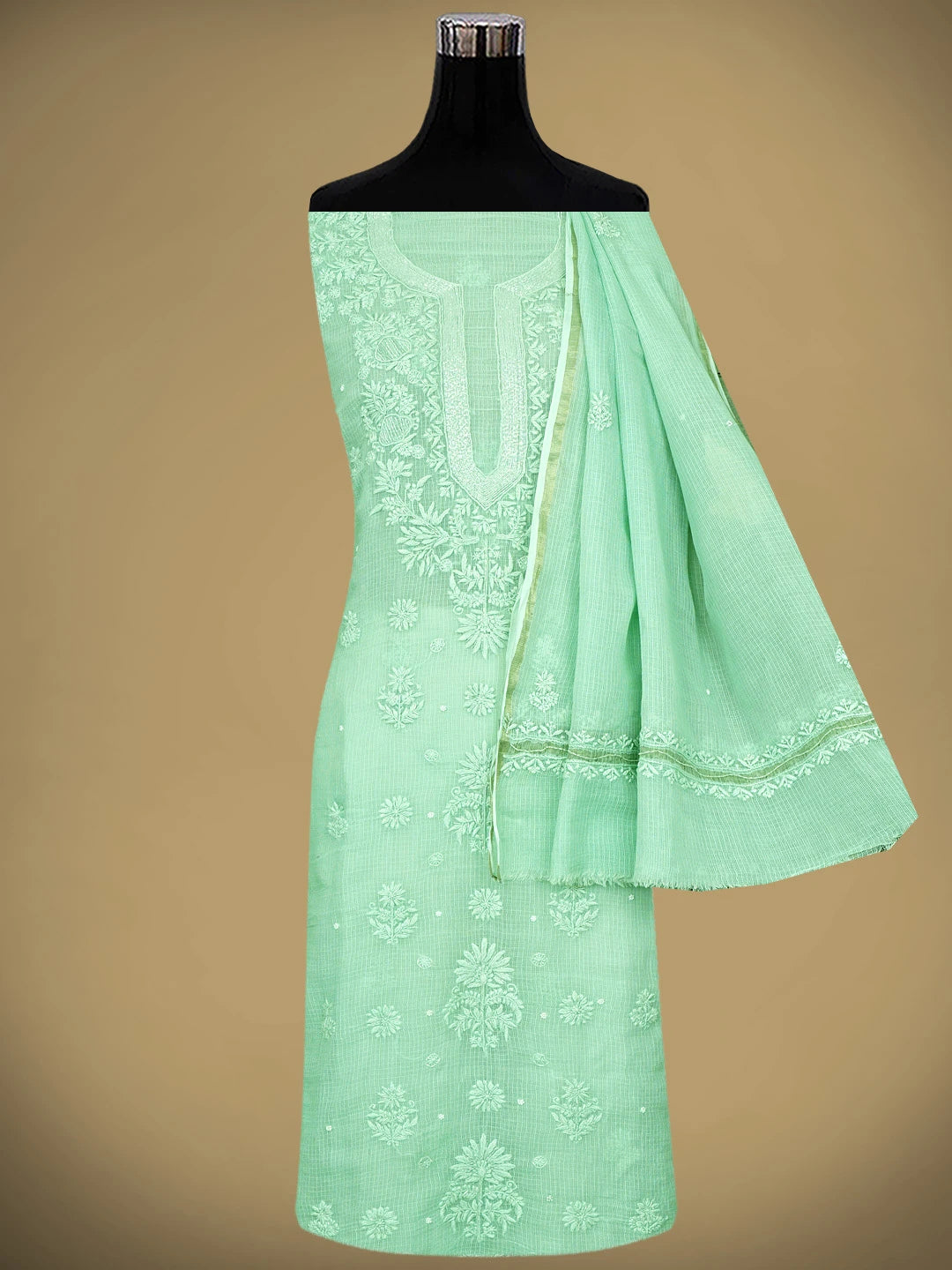 Ada Hand Embroidered Sea Green Kota Lucknowi Chikankari Unstitched Kurta Dupatta Set With Cutdana Work 01A768689