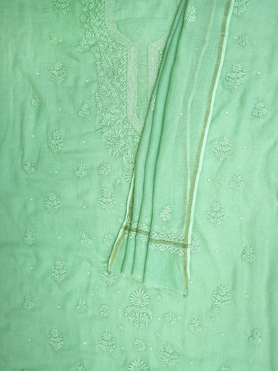 Ada Hand Embroidered Sea Green Kota Lucknowi Chikankari Unstitched Kurta Dupatta Set With Cutdana Work 01A768689