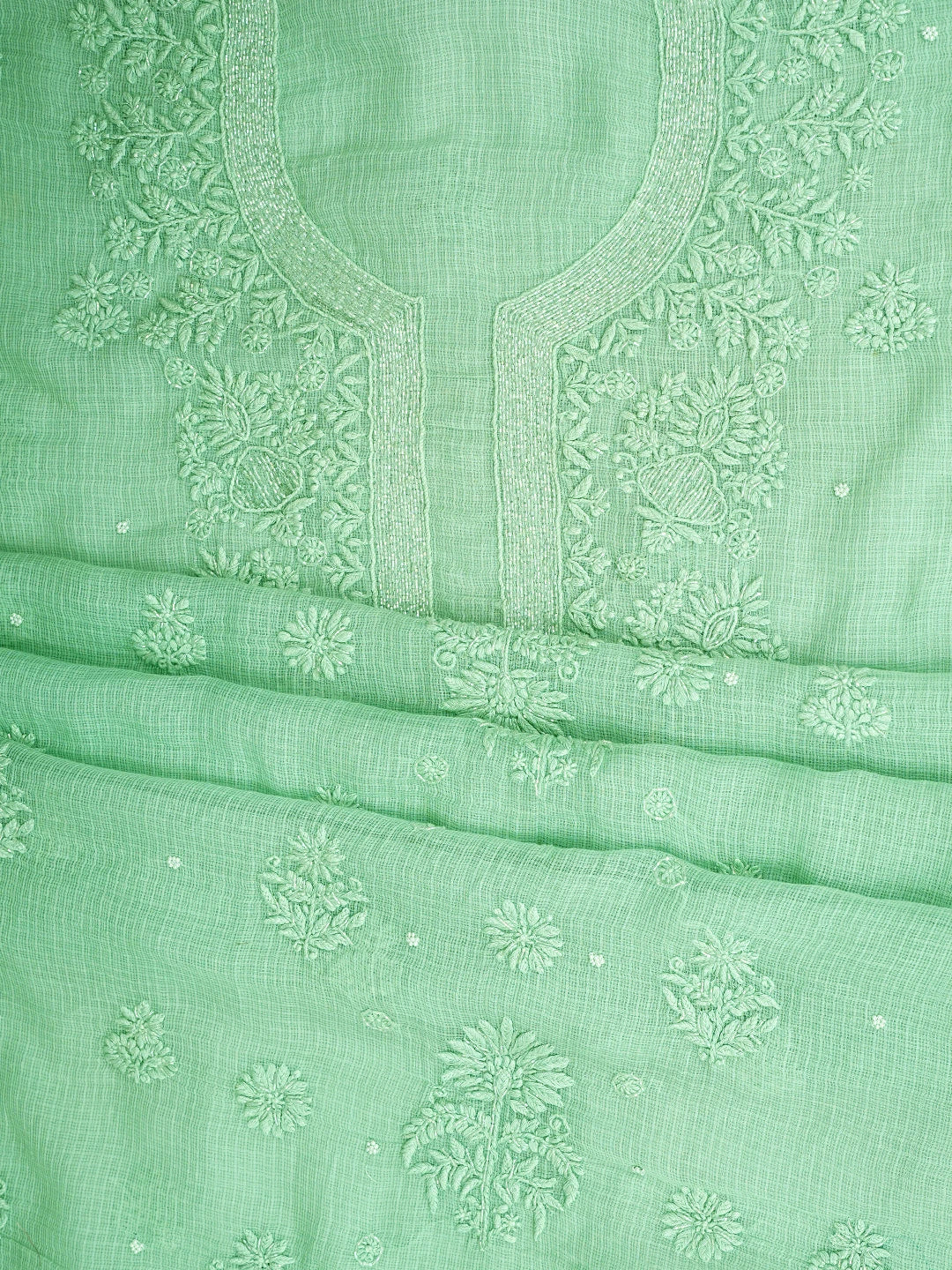 Ada Hand Embroidered Sea Green Kota Lucknowi Chikankari Unstitched Kurta Dupatta Set With Cutdana Work 01A768689