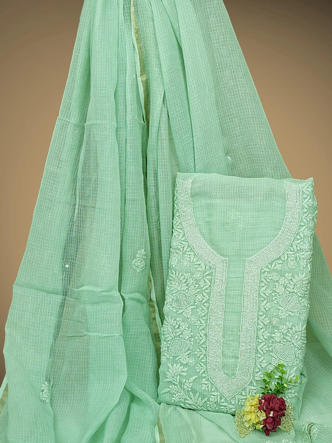 Ada Hand Embroidered Sea Green Kota Lucknowi Chikankari Unstitched Kurta Dupatta Set With Cutdana Work 01A768689