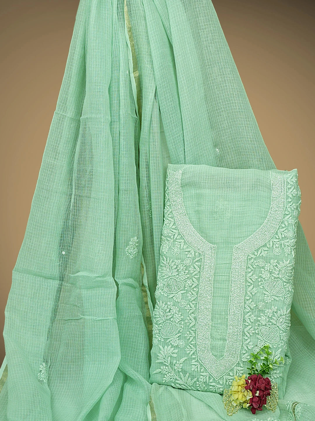 Ada Hand Embroidered Sea Green Kota Lucknowi Chikankari Unstitched Kurta Dupatta Set With Cutdana Work 01A768689